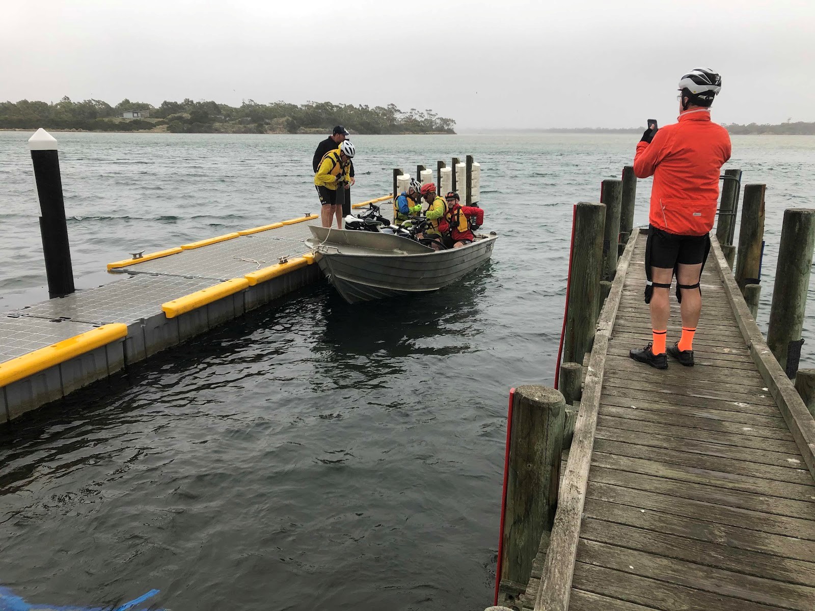 Wheeliebinners boarding the small boat known as Phil’s Ferry